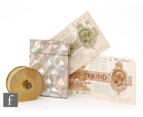 A 19th Century French brass twelve hour timer stamped Brevete to reverse, with a mother of pearl card case and two bank notes