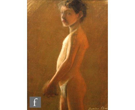 CIRCLE OF DUNCAN GRANT (1885-1978) - Portrait of a boy with hands clasped, pastel drawing, bears signature, framed, 41cm x 31