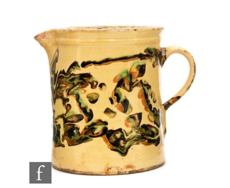 A late 19th Century Barge Ware teapot entitled 'I am bubbling over with joy', the typical brown glazed body decorated with lo