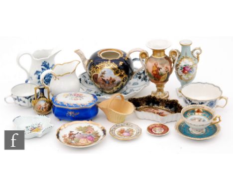 A collection of 18th and 19th Century continental hardpaste porcelain, to include a Meissen teapot panel decorated with scene