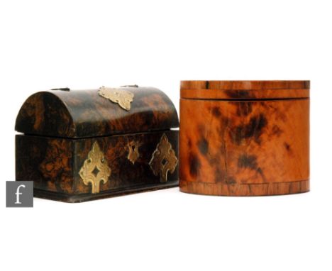 A 19th Century brass bound walnut rectangular box, length 16cm, with a similar oval tea caddy, length 14cm, S/D. 