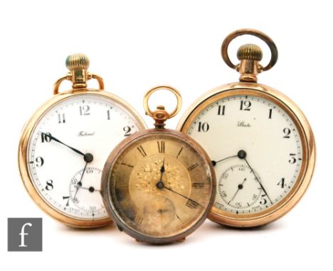 A 9ct hallmarked open faced, crown wind pocket watch, Arabic numerals to a white enamelled dial, with a gold plated example a