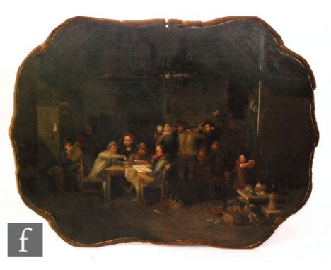 AFTER SIR DAVID WILKIE, RA - Figures in a tavern interior, oil on shaped papier mache panel table top, unframed, 54cm x 73cm.