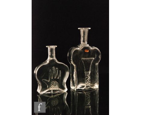 A clear crystal glass decanter by Erik Hoglund for Boda, of shouldered flask form relief moulded with an 18th Century style d