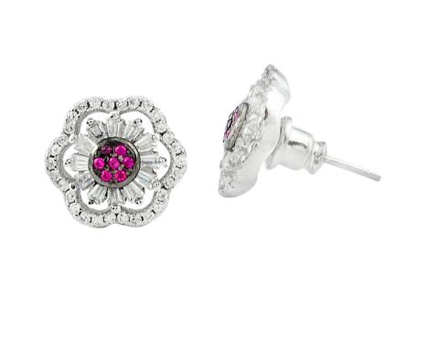 A 925 silver ruby and white stone set cluster earrings, Dia. 1.2cm.