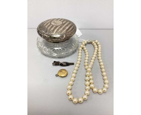A Hallmarked Silver Mounted Cut Glass Dressing Table Jar, J.D&amp;S, Sheffield 1933, the detachable lid of engine turned desi