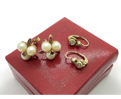 A Pair of Freshwater Pearl and Stone Set Abstract Foliage Earrings, the claw set centre stone within three pearl set surround