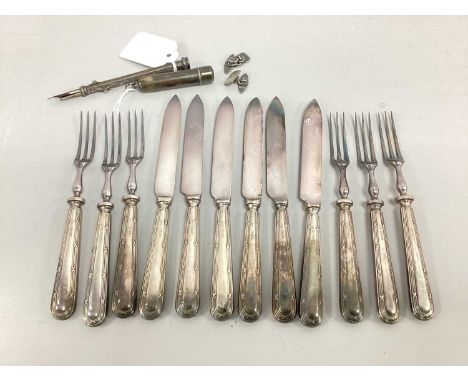 A Set of Six Hallmarked Silver Handled Dessert Knives and Forks, AF&amp;Co, Sheffield 2004, with reeded cross handles, togeth