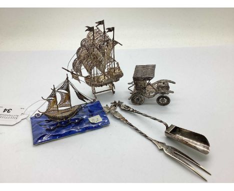 Three "925" Miniature Filigree Transport Models, including sail boat, vintage car, together with a Maltese "917" silver shove