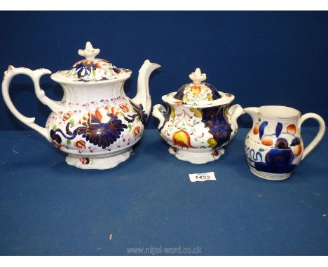 Three pieces of Gaudy china to include teapot, small lidded tureen and small jug.