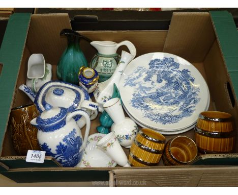 A large quantity of china including 'Old Willow' Adderley ware teapot and hot water jug, 3 Wade barrel tankards, pair of blue