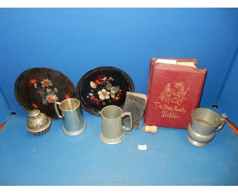 **A small quantity of miscellanea including two hand painted Pontypool Japanware plates, pewter tankards, holy bible, claw be