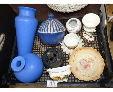 A quantity of miscellaneous china including two blue china vases, a pottery vase and covered bowl, Wedgwood vase, a Crown Dev