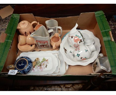 A quantity of china including pub jugs, James Kent teapot (lid a/f.), dish etc., Lovatt teapot, sandwich trays, part 'Bushman