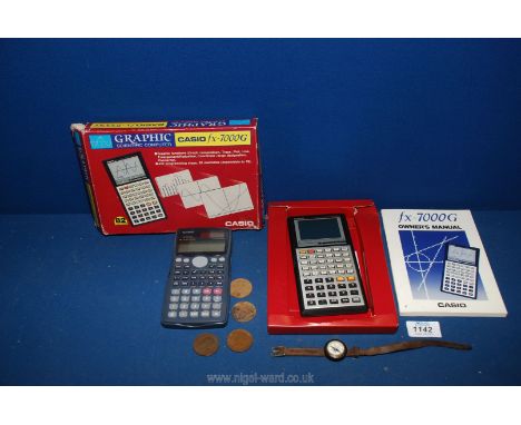Four Penny pieces from 1911, 1921, 1935 and 1967, together with a compass watch, Casio S-V PAM calculator and a boxed Casio f