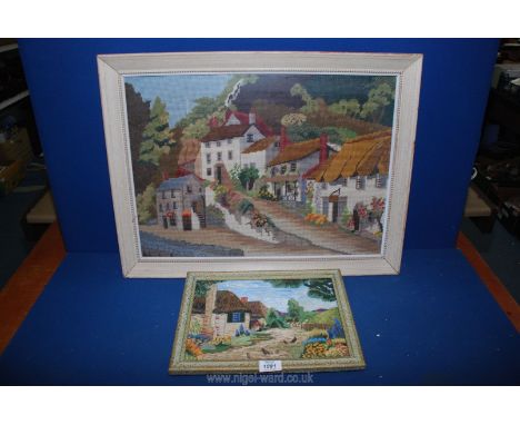A large framed Tapestry of a village scene with country houses, 25'' x 19'' plus a small framed embroidery, 10 1/4" x 13 3/4"