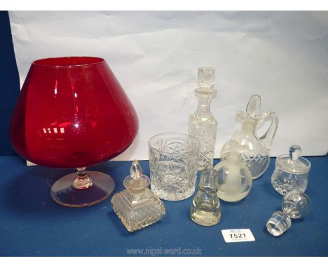 A quantity of glass including two small glass perfume bottles, ruby red goblet vase,  vinaigrette bottle, etc.