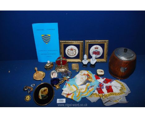 A small quantity of miscellaneous including treen tea caddy a/f, royal plaques, Queen Victoria miniature, miniature bisque bu