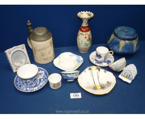 A Royal Doulton pot pourri jar, bud vase of oriental design, 2 small Shelly plates, tea bowls, Crown Derby Pembroke cup and s