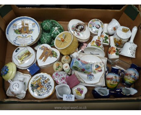 A large quantity of miscellaneous china including condiment set, china bells, honey pot, commemorative trinket pots with lids