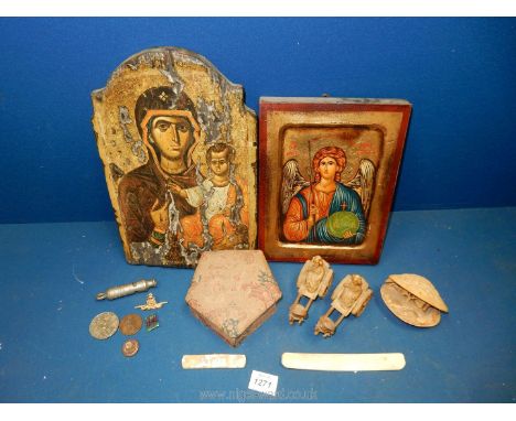 A small quantity of miscellanea including two wooden religious icon plaques, 'The Metropolitan' whistle, 1977 Jubilee crown, 