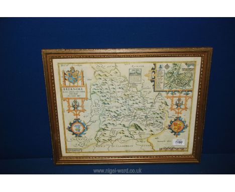 A framed print of a map of Breknoke (Breconshire) 18 1/2" x 14 3/4".