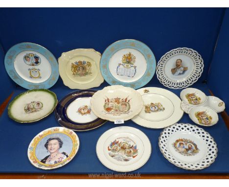 A quantity of commemorative plates including King George V, Queen Mary ribbon plate and George V ribbon plate, Queen's corona