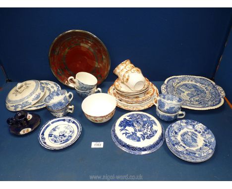 A box of miscellaneous blue and white china some Spode, including chamber stick, etc.