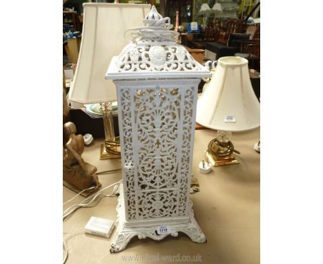 A cast metal pierced work Lantern painted in white converted to electric,10 1/2" square x 24" tall.