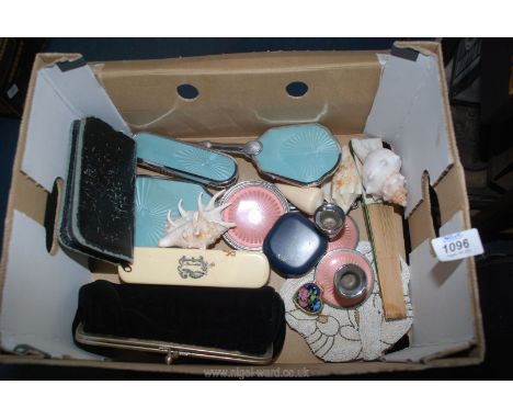 A quantity of miscellaneous including part enamel dressing table items, shells, manicure set, two clutch bags, fan, etc.