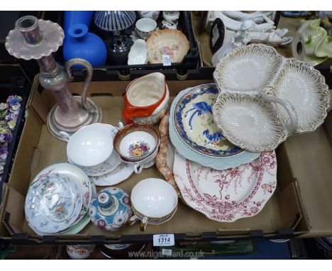 An Alfred Meakin platter, two Royal Crown Derby cups, Father Christmas Toby jug, a china perfume bottle, lustre candlestick, 