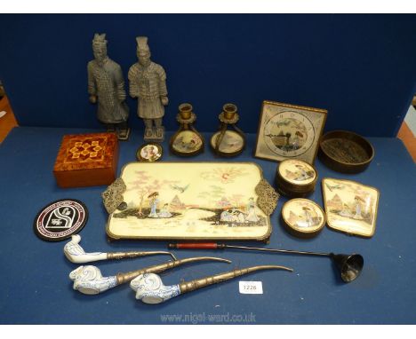 A quantity of miscellanea including two terracotta army warriors, ceramic pipes, etc., and an oriental dressing table set inc