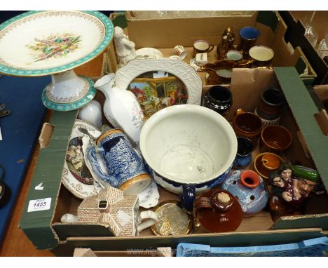 A box of mixed china to include Shakespeare Macbeth Toby Jug, pottery bowls, blue and white chamber pot, cottage teapot, cake