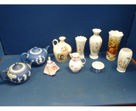 A quantity of china including two Wedgwood Jasperware teapots, a Mason's commemorative scotch whisky jug, Aynsley 'Orchard Go