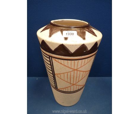 A West German ceramic vase of tapered cylindrical form decorated with linear patterns, 15'' high x 9'' diameter at the top.