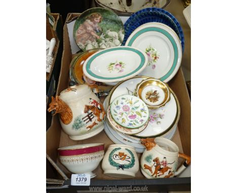 A quantity of mixed china including a Delft bowl, a vintage fox head teapot, sugar bowl, and milk jug with hunting scenes, mi