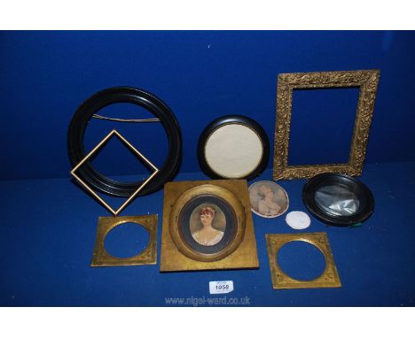 A quantity of old picture frames and two small gold leaf miniature portrait mounts.