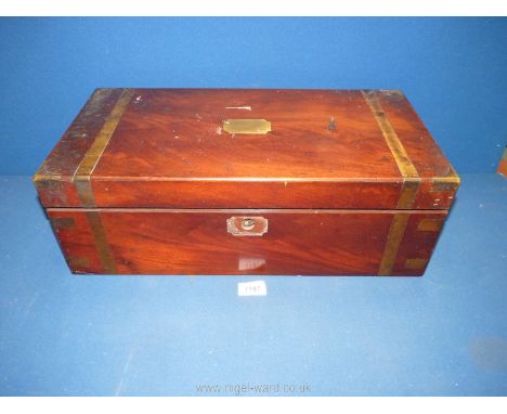A Mahogany Writing slope with brass banding to corners and blank plaque to lid, the slope having inset leather panel, a/f., 1