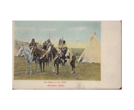 Vintage black and white photo with added colors, depicting a group of natives, from Washington, on horses.Dimensions: 5.5"W x