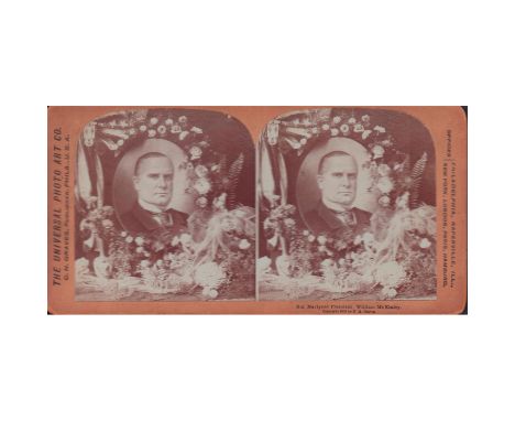 Black and white stereoscope photos; President McKinley's funeral portrait with flowers.Board size: 7in x 3.5in. Sight size: 6