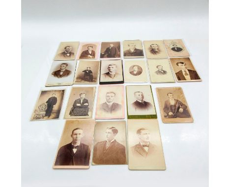 Featuring thicker cardstock on all photos and some also include plastic holder. Depicts portrait photos of male individuals, 