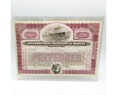 Stock certificate reflecting one share of stock in the International Merchant Marine Company. The International Mercantile Ma