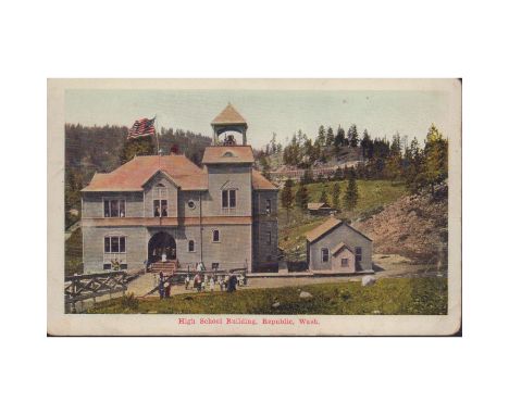 Vintage black and white print with color added, depicting a high school in Republic, Washington.Dimensions: 5.5"W x 3.5"HManu
