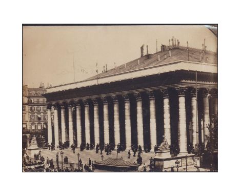 Black and white architectural photo of Paris Bourse, currently known as Euronext Paris.Built from 1808 to 1826 by architect A