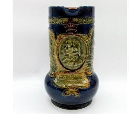 Centenary of the Battle of Trafalgar. Stoneware; blue and green glazed ground with relief portrait of Lord Nelson.Rope handle
