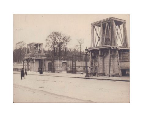 Original black and white photo; Place de la Concorde two marble monumental sculptures protected by scaffolds.Two marble Mercu
