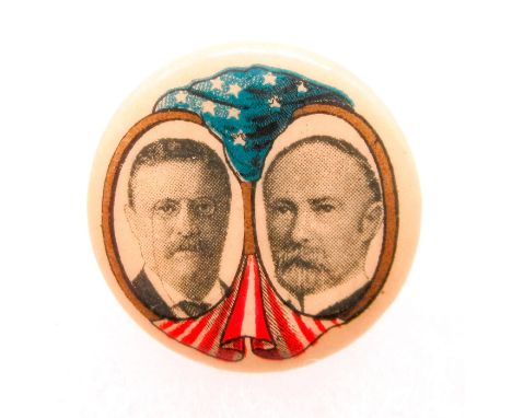 Vintage. Depicts both politicians in black and white portraits with colored American flag decoration. Liberty factory label o