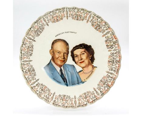 Vintage political commemorative. States "Americaâ€™s First Family, President and Mrs. Dwight D. Eisenhower", with central por