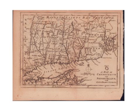 Engraved print map of Connecticut and Rhode Island. Highly detailed revolutionary war era map with towns, roads, rivers, isla