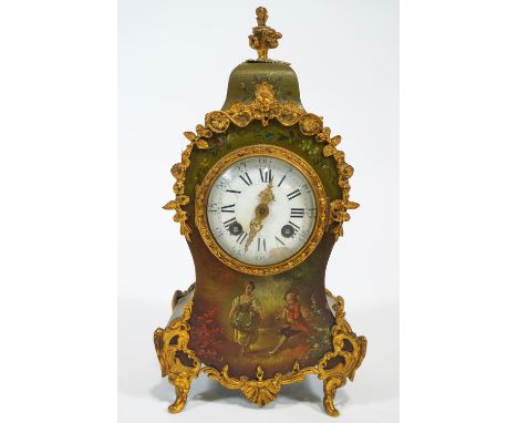 A Louis XVI style mantel clock, the brass mounted case painted with figures, after Watteau, enclosing a French movement, stam